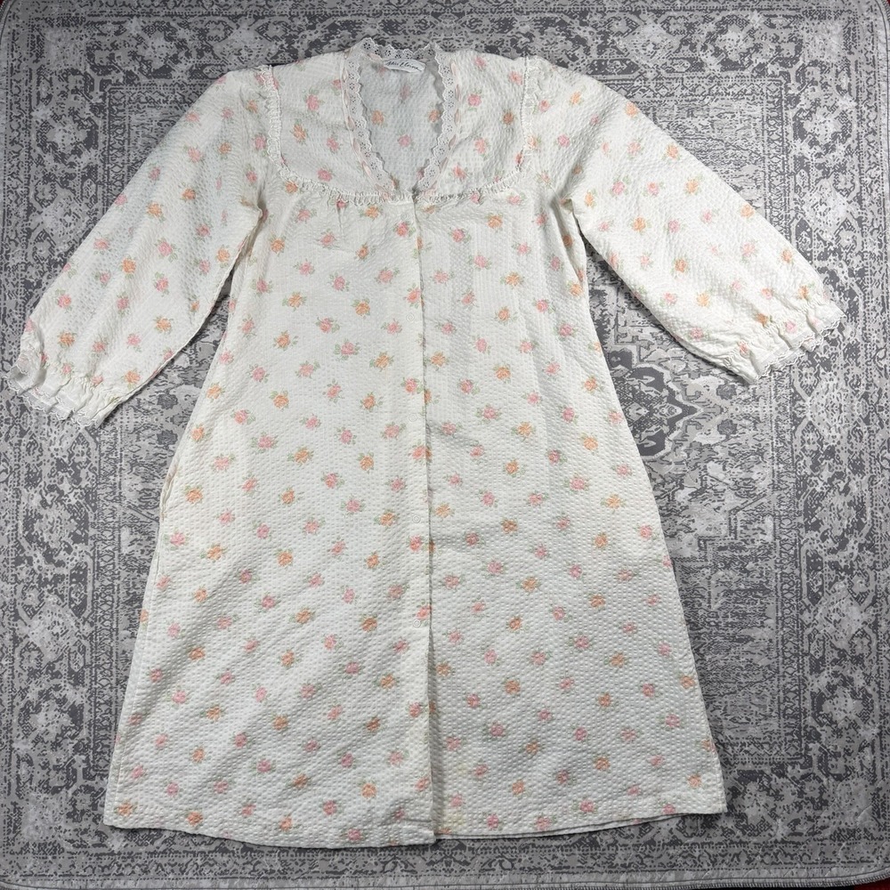Vintage Miss Elaine Medium Housecoat White Pink Floral Lace Seersucker Robe